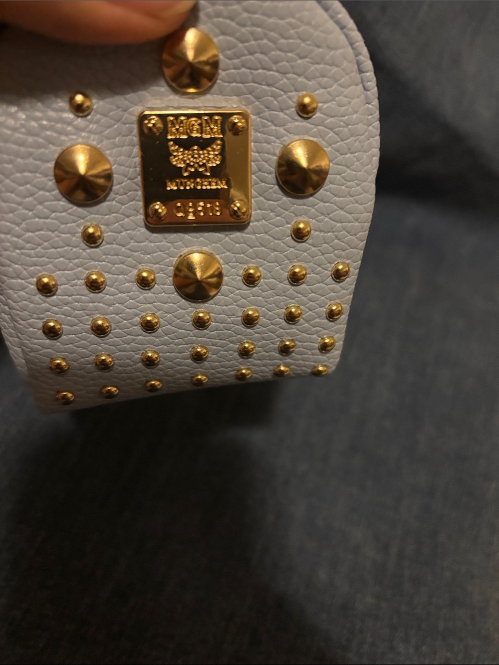Light Blue Studded Mini Keychain Backpack Bag with Gold Hardware - Picture 3 of 11